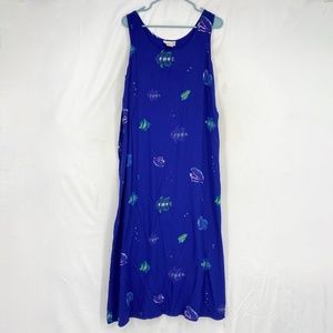 Connie Choi Womens Medium Sleeveless Maxi Dress Blue Fish Seashell Print Vintage